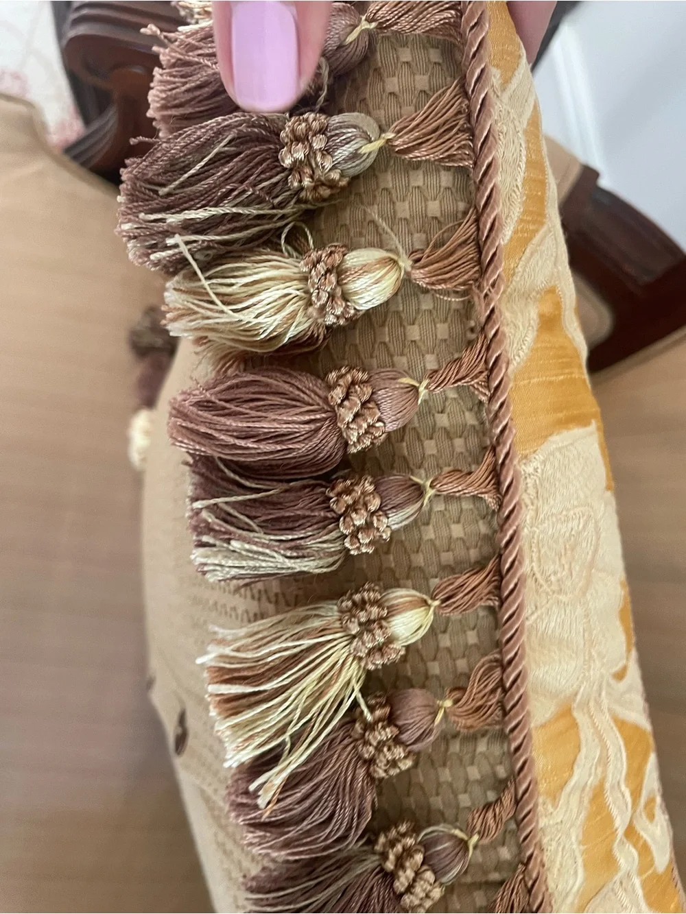 15” square  Green and Gold Embroidered Throw Pillow with tassels trim, zipper